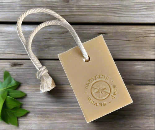 This natural soap bar, made with citronella, lemongrass, and eucalyptus essential oils, helps keep the bugs away. Its "soap on a rope" design is perfect for campers!